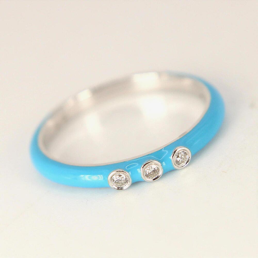 14kt White Gold Blue Enamel Three Diamond Bezel Stacking Ring Size 7